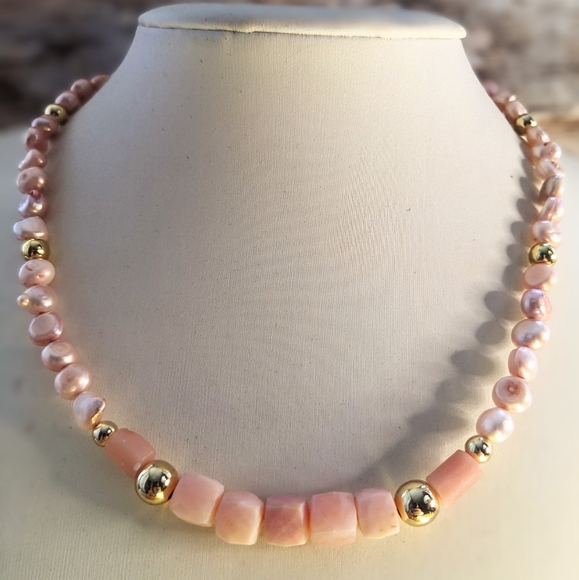 Natural Pink Opal Stones With Pink Freshwater Pearls Necklace And Bracelet - Picture 2 of 9